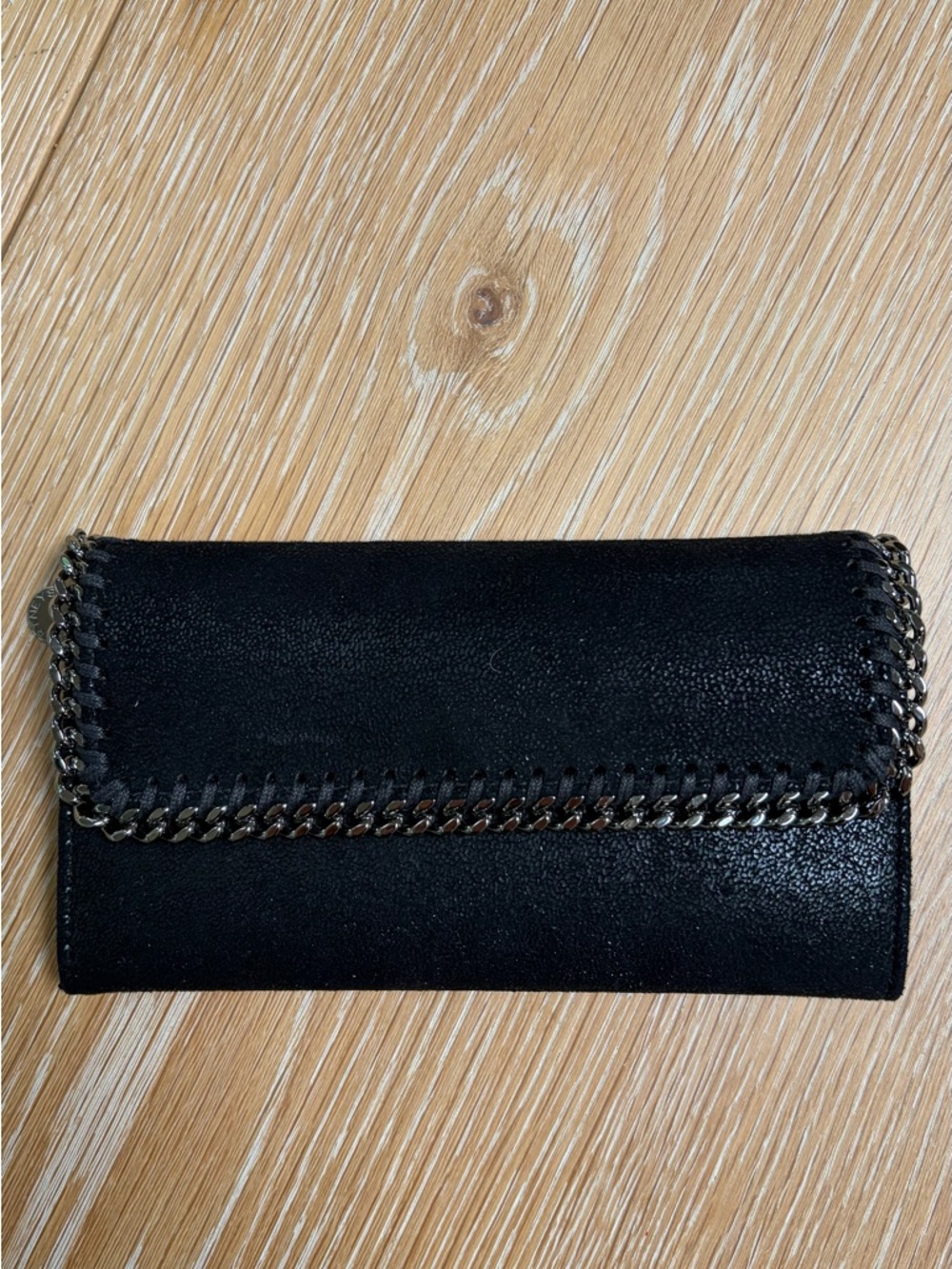 Stella McCartney Black Foldover Wallet with Chain Trim